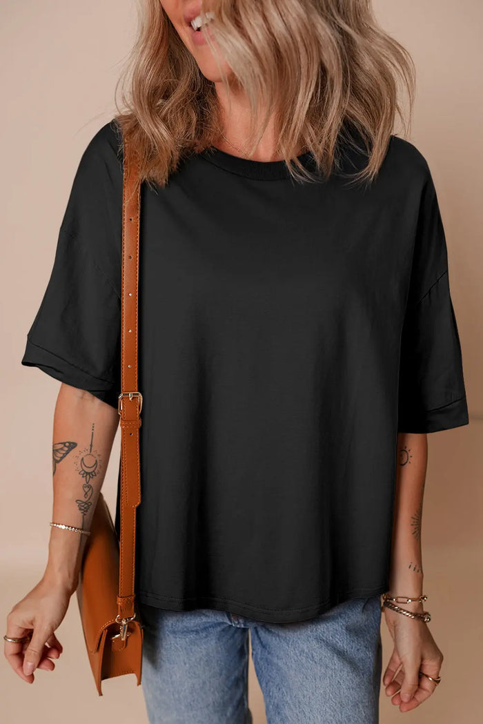 Black Loose Half Sleeve Hi Low Hem T Shirt - Tops/Tops & Tees