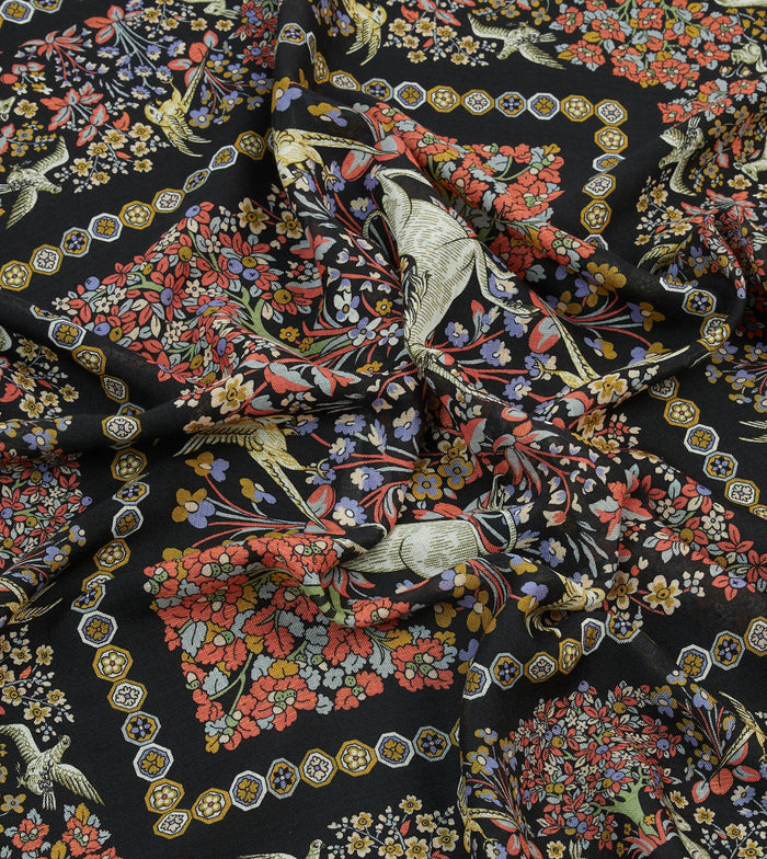 Black Mythical Forest Print Wool-Silk Bandana