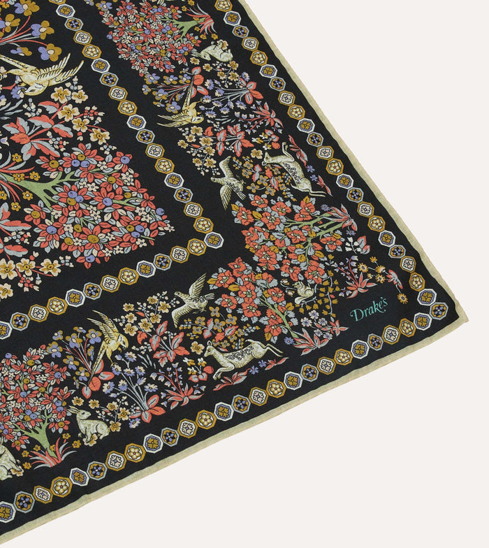 Black Mythical Forest Print Wool-Silk Bandana