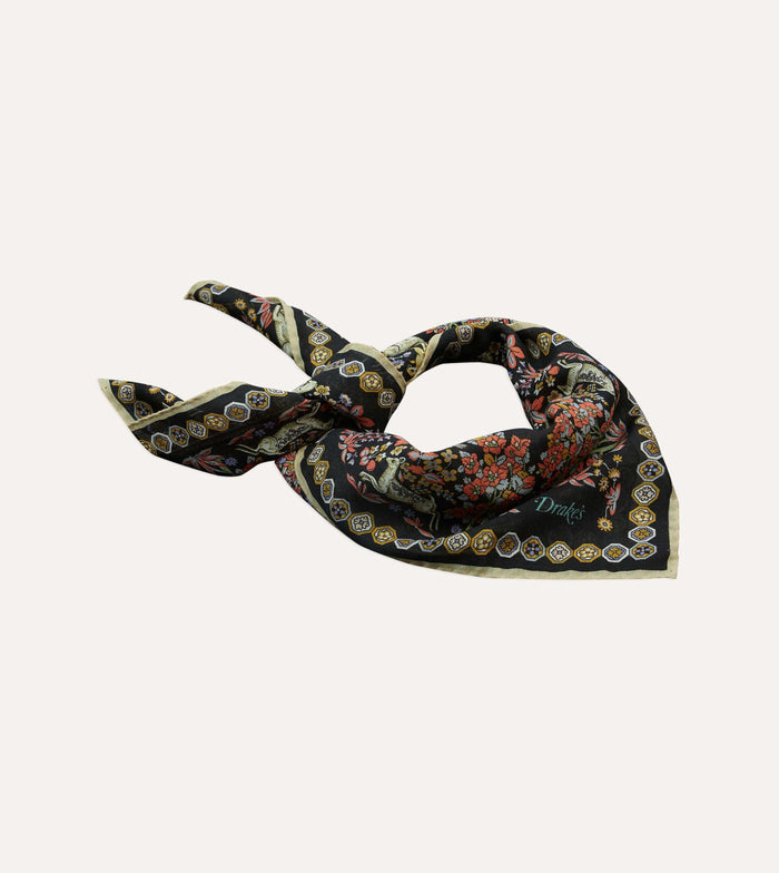 Black Mythical Forest Print Wool-Silk Bandana