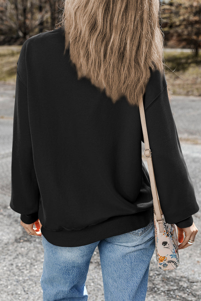 Black Plain Drop Shoulder Crewneck Pullover Sweatshirt - Tops/Sweatshirts & Hoodies