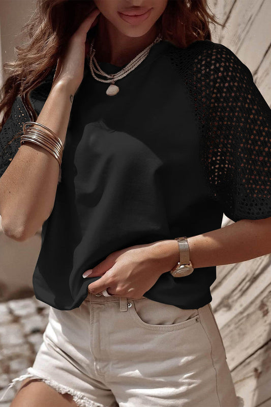Black Pointelle Lace Half Sleeve Crew Neck Tee - Tops/Tops & Tees