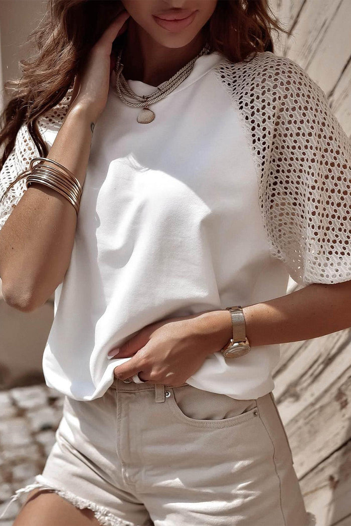 Black Pointelle Lace Half Sleeve Crew Neck Tee - WHITE / S / 95% COTTON + 5% ELASTANE - Tops/Tops & Tees