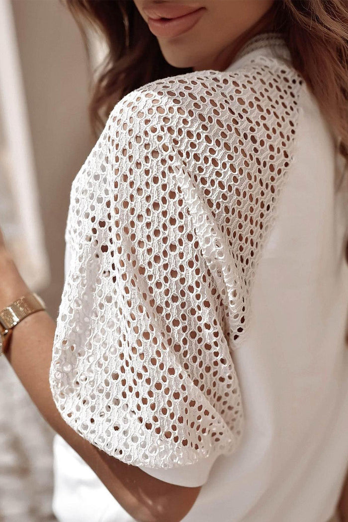 Black Pointelle Lace Half Sleeve Crew Neck Tee - Tops/Tops & Tees