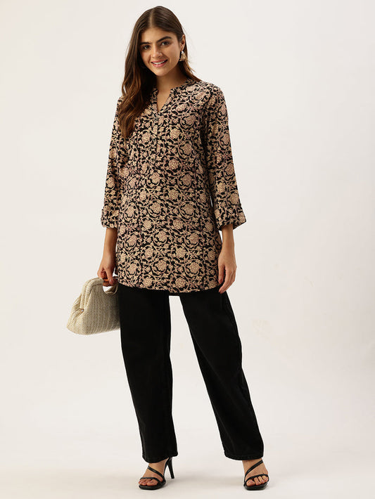 Black Printed Mandarin Collar Tunic