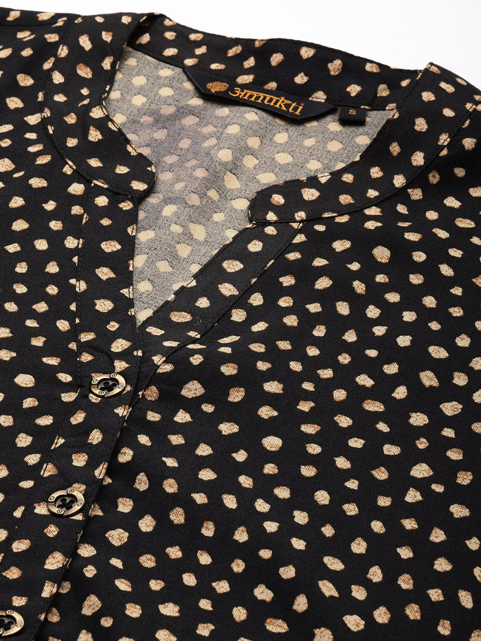 Black Printed Mandarin Collar Tunic, Polka Dot Printed Tunic, printed tunic, mandarin collar Tunic, casual wear Tunic, women’s tunic, Office Wear Tunic
