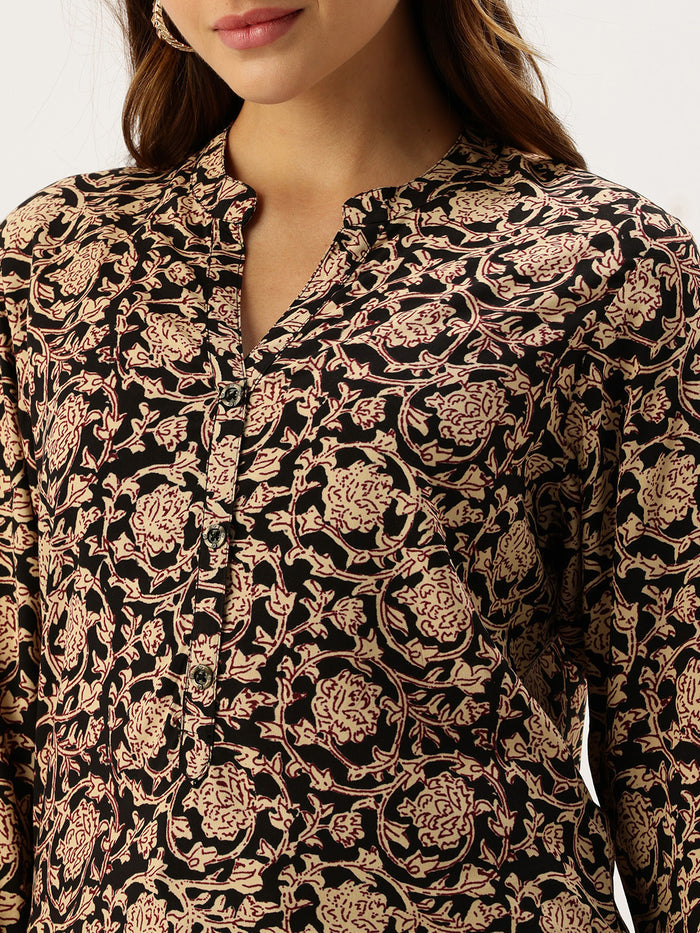 Black Printed Mandarin Collar Tunic