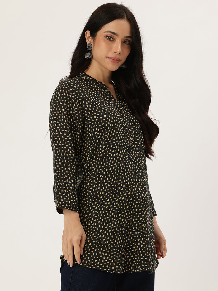 Black Printed Mandarin Collar Tunic, Polka Dot Printed Tunic, printed tunic, mandarin collar Tunic, casual wear Tunic, women’s tunic, Office Wear Tunic