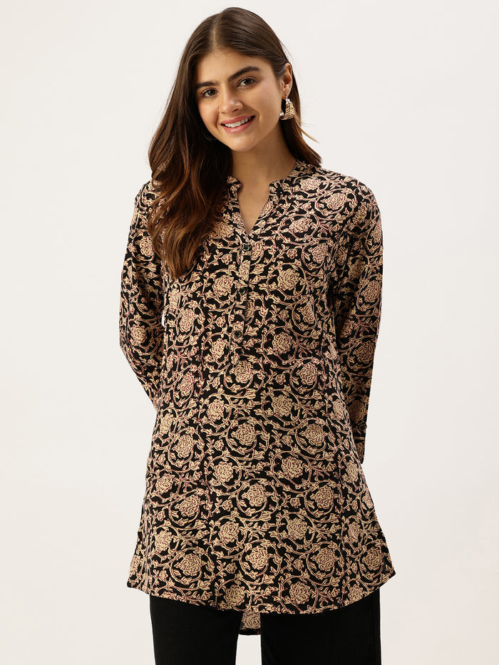 Black Printed Mandarin Collar Tunic