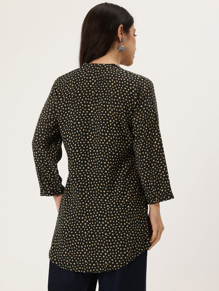 Black Printed Mandarin Collar Tunic, Polka Dot Printed Tunic, printed tunic, mandarin collar Tunic, casual wear Tunic, women’s tunic, Office Wear Tunic
