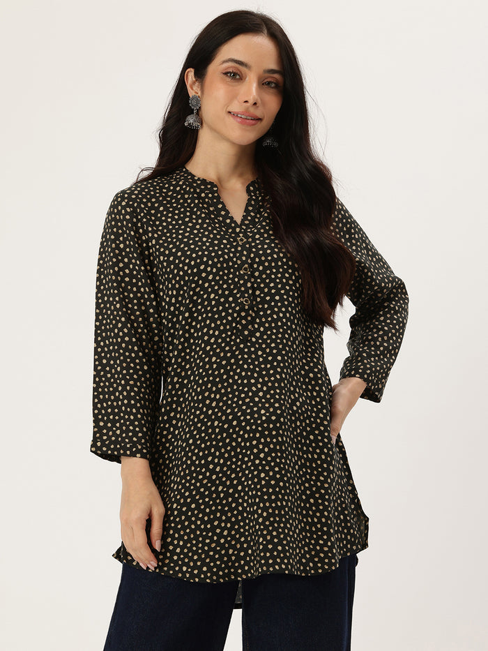 Black Printed Mandarin Collar Tunic, Polka Dot Printed Tunic, printed tunic, mandarin collar Tunic, casual wear Tunic, women’s tunic, Office Wear Tunic