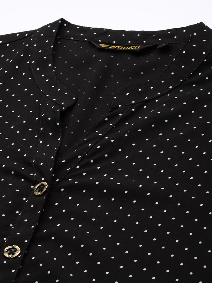 Black Printed Short Kurta, polka dot Printed Tunic, printed tunic, mandarin collar Tunic, casual wear Tunic, women’s tunic, Office Wear Tunic