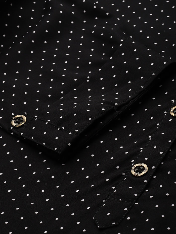 Black Printed Short Kurta, polka dot Printed Tunic, printed tunic, mandarin collar Tunic, casual wear Tunic, women’s tunic, Office Wear Tunic