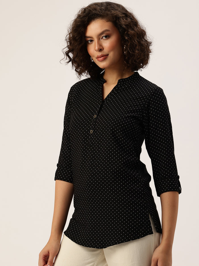 Black Printed Short Kurta, polka dot Printed Tunic, printed tunic, mandarin collar Tunic, casual wear Tunic, women’s tunic, Office Wear Tunic