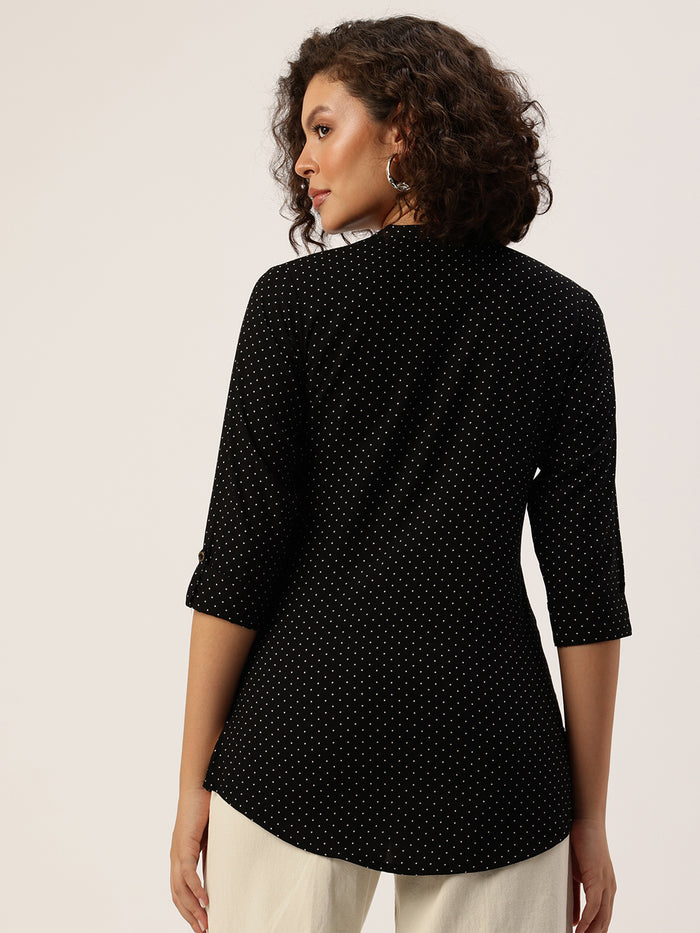 Black Printed Short Kurta, polka dot Printed Tunic, printed tunic, mandarin collar Tunic, casual wear Tunic, women’s tunic, Office Wear Tunic