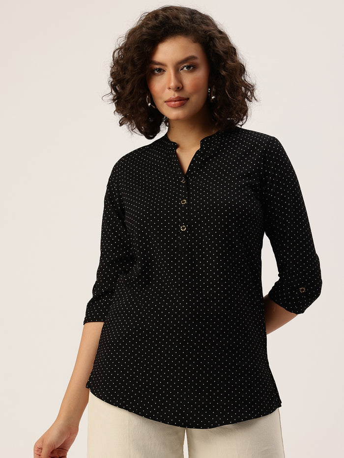 Black Printed Short Kurta, polka dot Printed Tunic, printed tunic, mandarin collar Tunic, casual wear Tunic, women’s tunic, Office Wear Tunic
