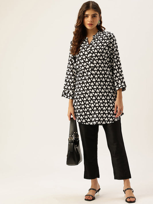 Black Rayon Mandarin Collar Printed Tunic