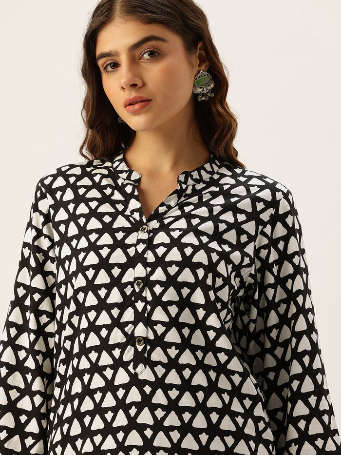 Black Rayon Mandarin Collar Printed Tunic