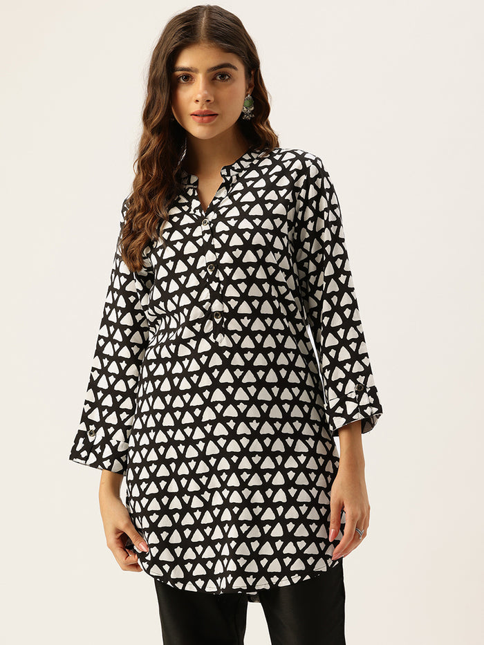 Black Rayon Mandarin Collar Printed Tunic