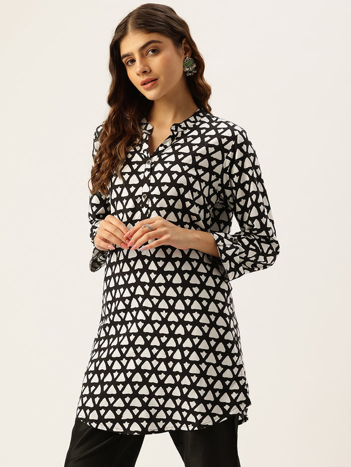 Black Rayon Mandarin Collar Printed Tunic