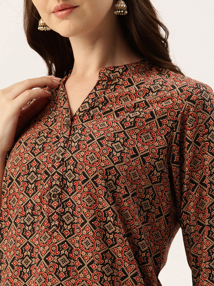 Black & Red Paisley Printed Mandarin Collar Tunic