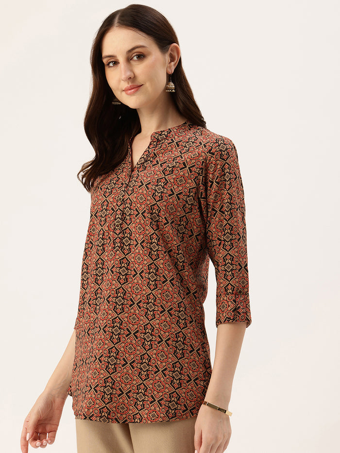 Black & Red Paisley Printed Mandarin Collar Tunic