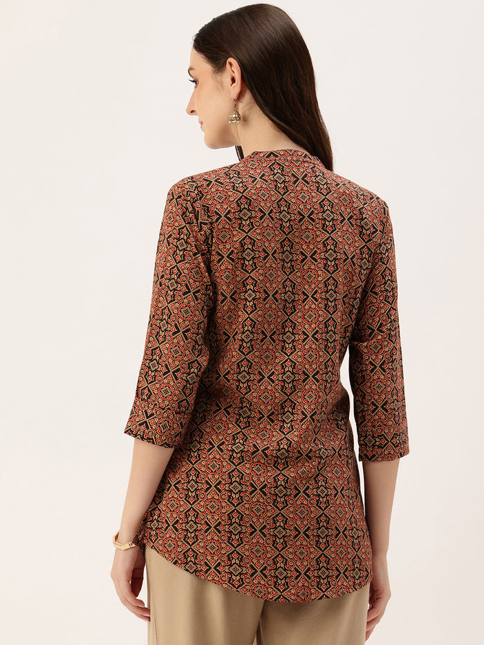 Black & Red Paisley Printed Mandarin Collar Tunic
