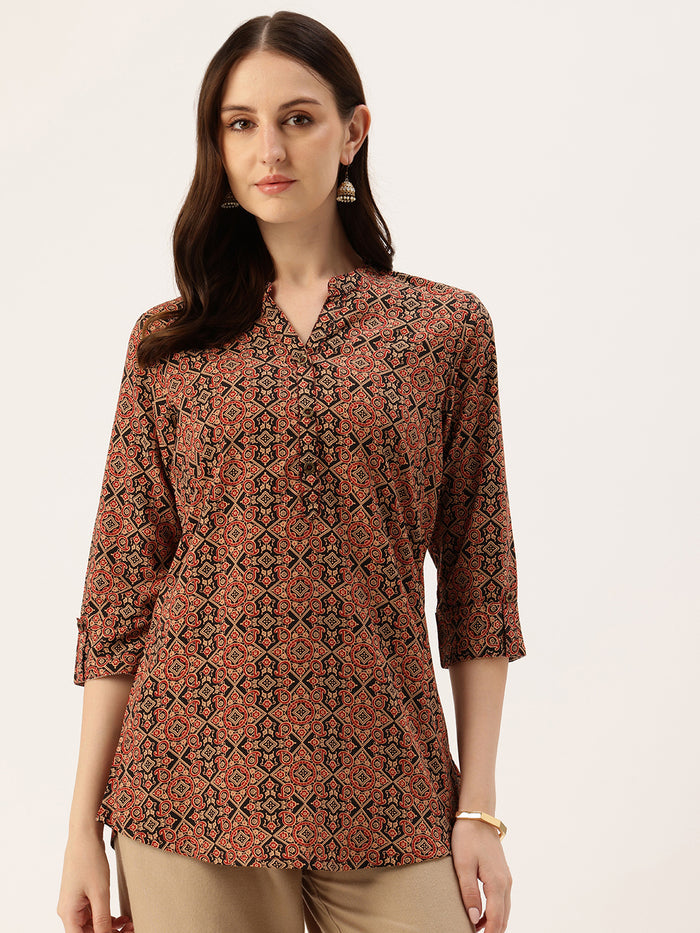 Black & Red Paisley Printed Mandarin Collar Tunic