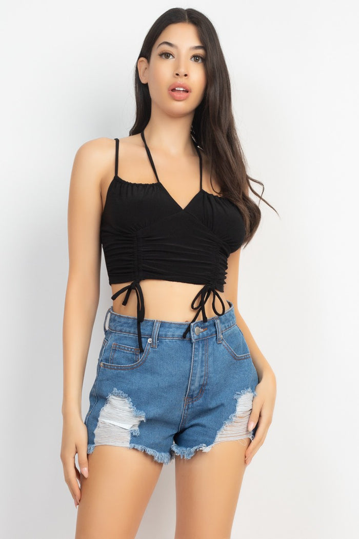 Black Ruched Double Strap V-bar Top