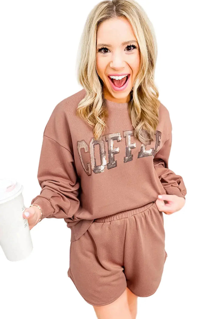 Shop Black Sequined COFFEE Loose Fit Sweatshirt and Shorts Set at eAura