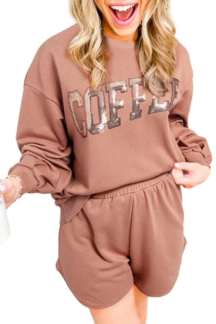 Shop Black Sequined COFFEE Loose Fit Sweatshirt and Shorts Set at eAura