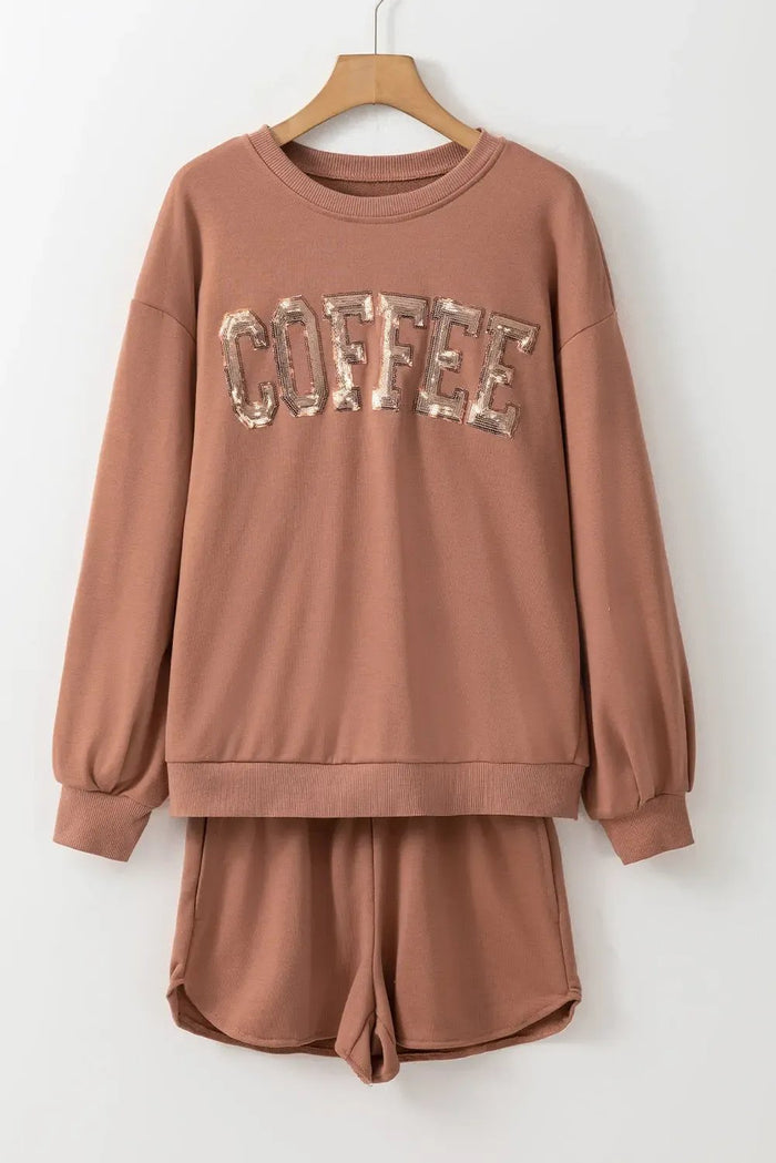 Shop Black Sequined COFFEE Loose Fit Sweatshirt and Shorts Set at eAura