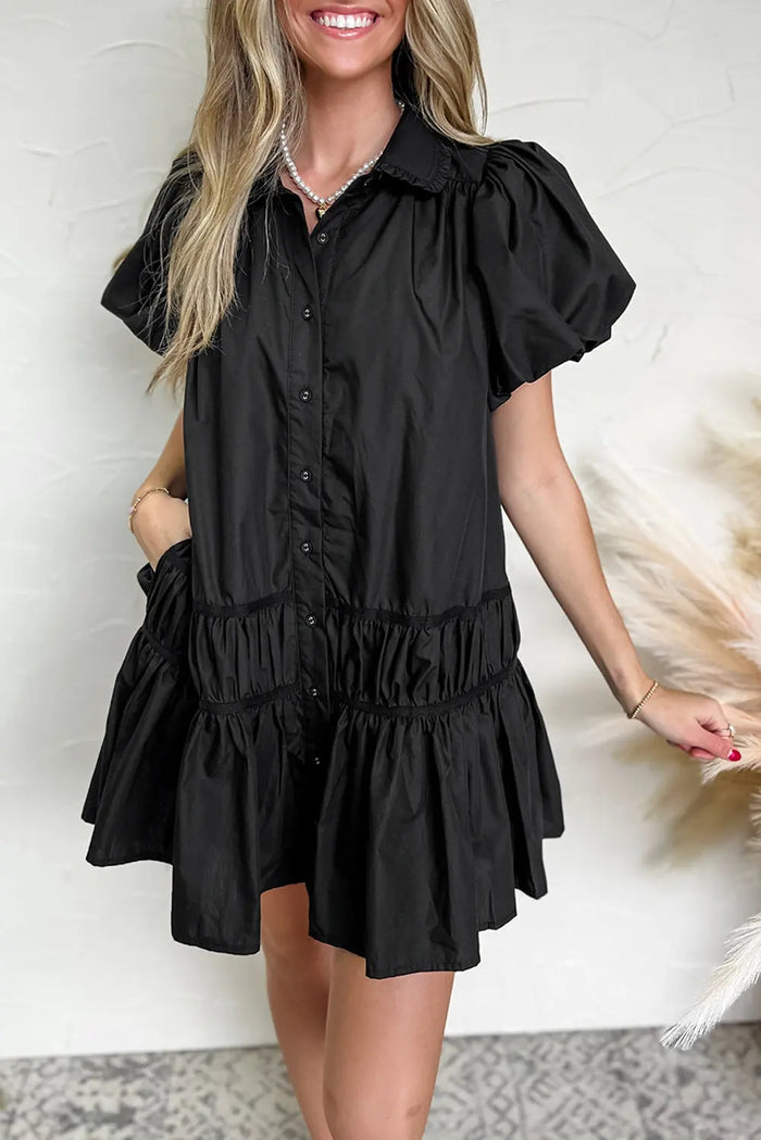 Black Shirt Style Button Down Puff Sleeve Ruffle Hem Dress - S / 100% Cotton - Dresses/Mini Dresses