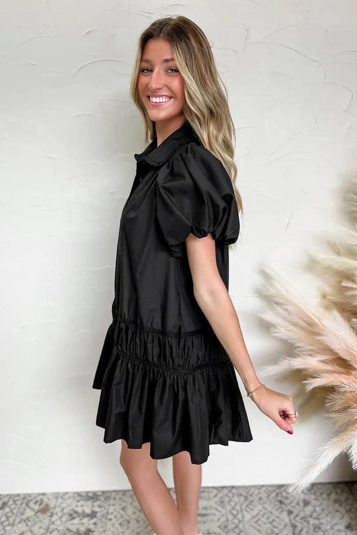 Black Shirt Style Button Down Puff Sleeve Ruffle Hem Dress - Dresses/Mini Dresses