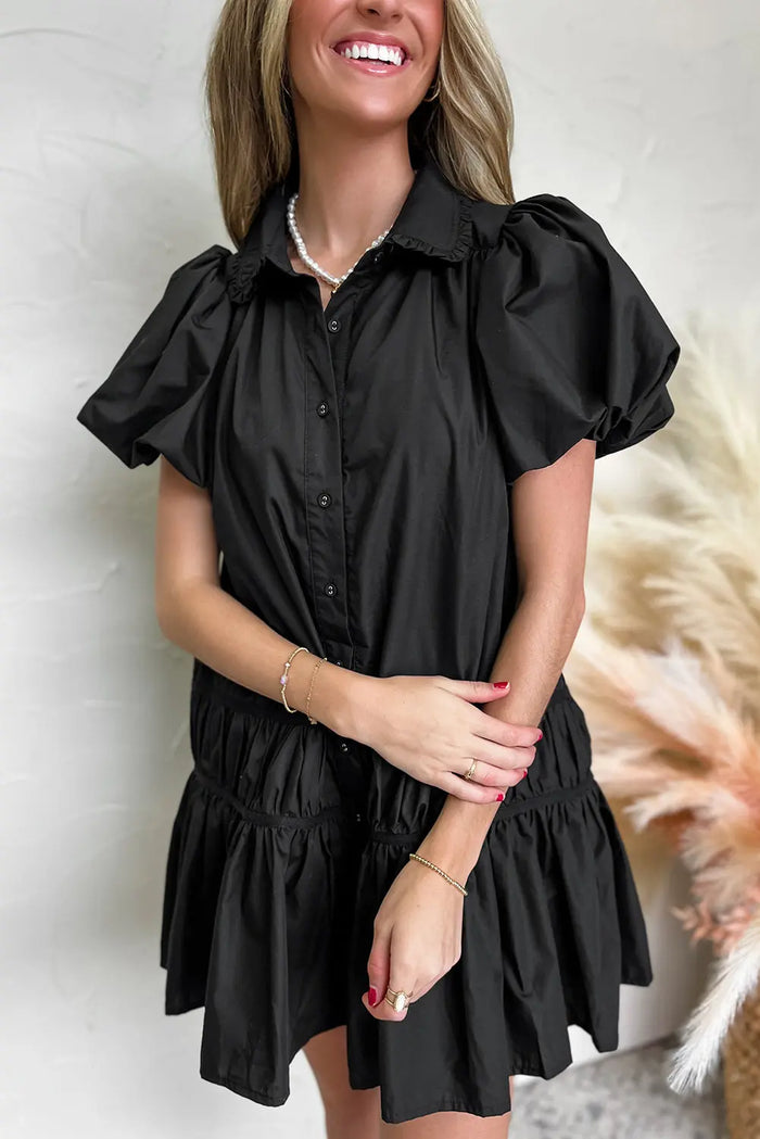 Black Shirt Style Button Down Puff Sleeve Ruffle Hem Dress - Dresses/Mini Dresses