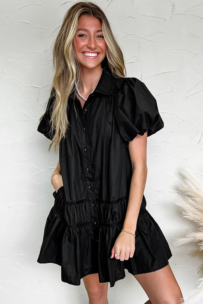 Black Shirt Style Button Down Puff Sleeve Ruffle Hem Dress - Dresses/Mini Dresses