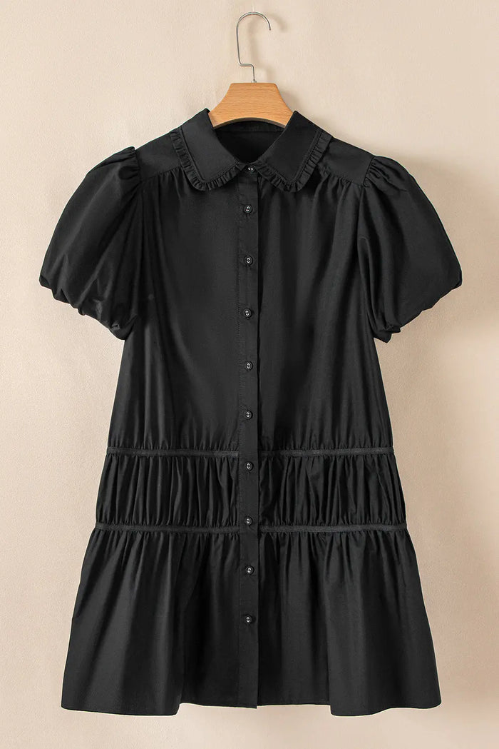 Black Shirt Style Button Down Puff Sleeve Ruffle Hem Dress - Dresses/Mini Dresses