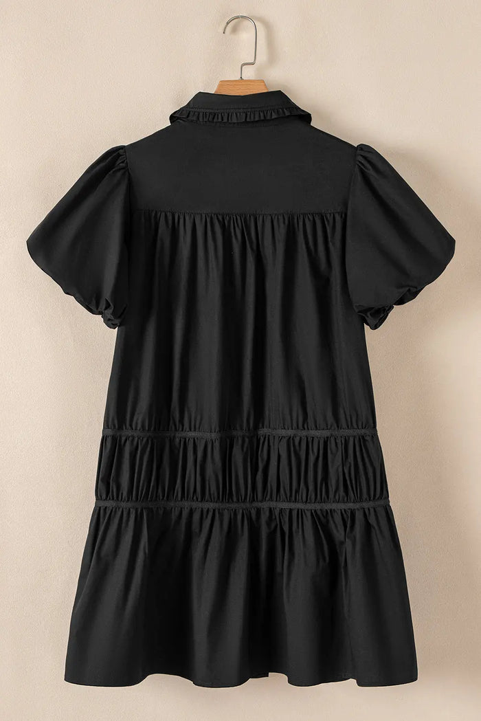 Black Shirt Style Button Down Puff Sleeve Ruffle Hem Dress - Dresses/Mini Dresses
