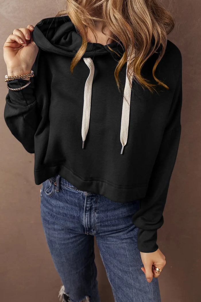 Black Solid Drop Shoulder Drawstring Cropped Hoodie - BLACK / S / 65% POLYESTER + 35% COTTON - Tops/Sweatshirts &