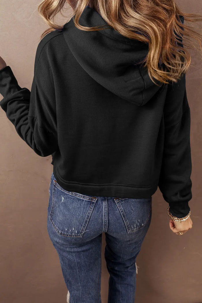 Black Solid Drop Shoulder Drawstring Cropped Hoodie - Tops/Sweatshirts & Hoodies