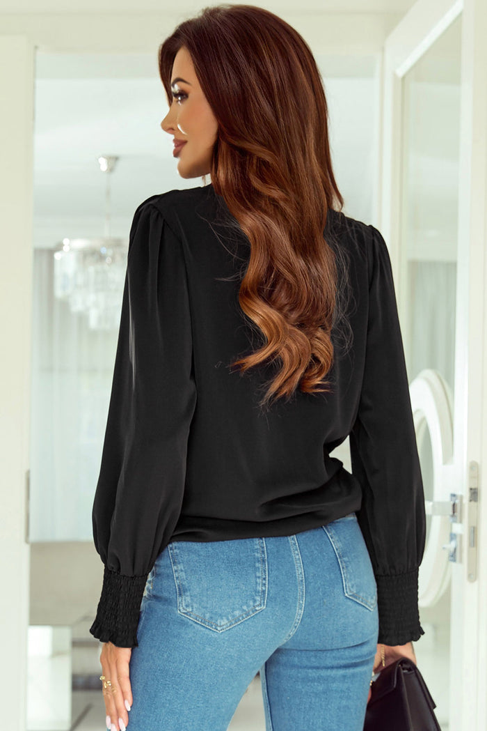 Black Solid Surplice Neck Shirred Cuffs Draped Blouse - Tops/Blouses & Shirts