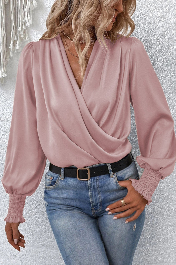 Black Solid Surplice Neck Shirred Cuffs Draped Blouse - Tops/Blouses & Shirts