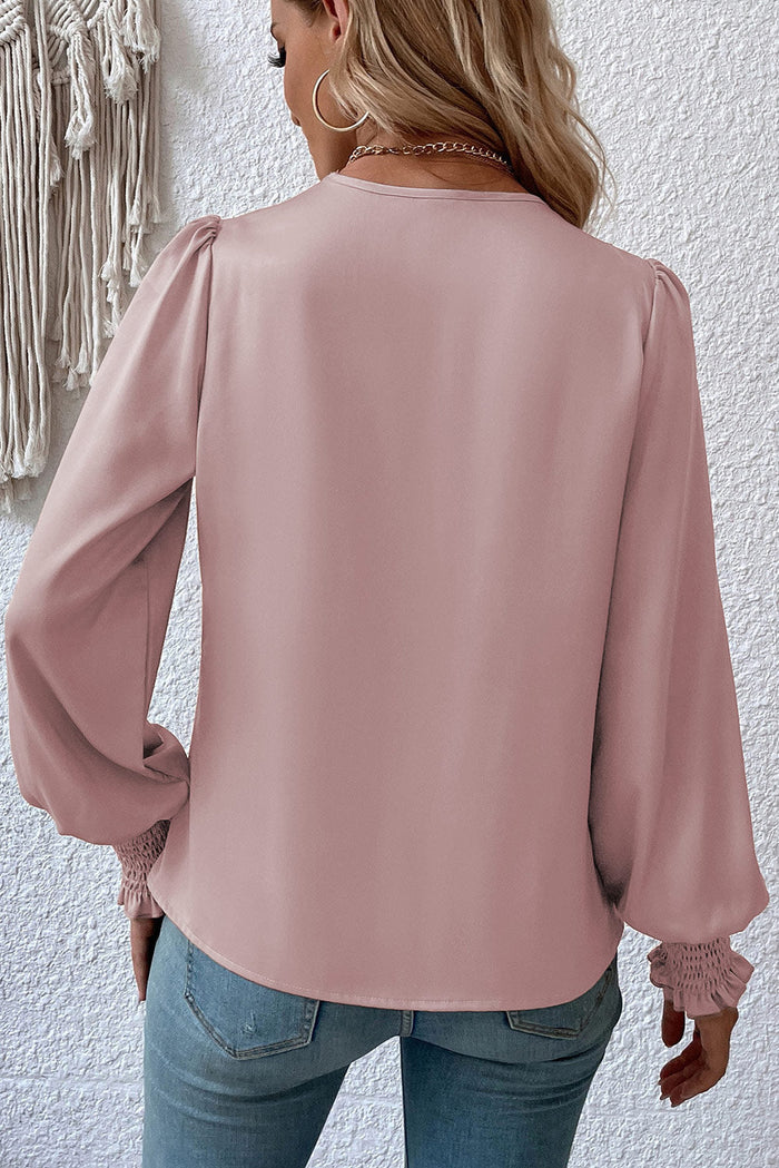 Black Solid Surplice Neck Shirred Cuffs Draped Blouse - Tops/Blouses & Shirts