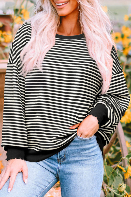 Black Stripe Loose Drop Shoulder Long Sleeve Top - BLACK STRIPE / S / 97% POLYESTER + 3% ELASTANE - Tops/Long Tops