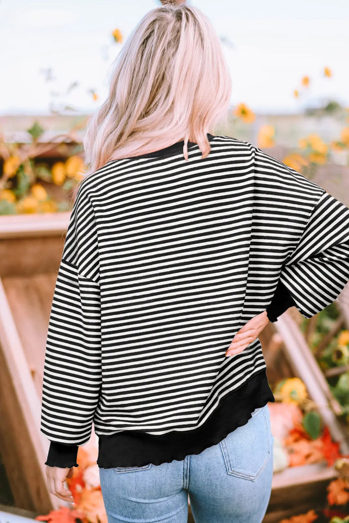 Black Stripe Loose Drop Shoulder Long Sleeve Top - Tops/Long Tops