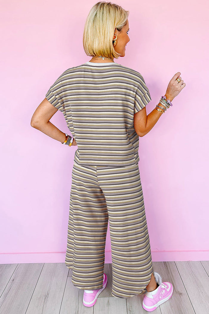 Black Stripe Rainbow Tee Tasseled String Wide Leg Trousers Set - Two Piece Sets/Pant Sets