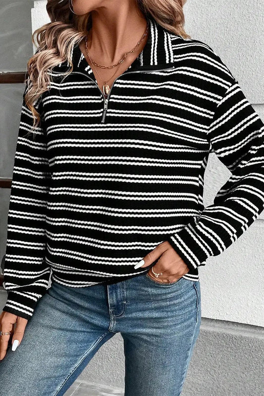 Black Stripe Textured Quarter Zip Collar Long Sleeve Top - BLACK STRIPE / S / 95% POLYESTER + 5% ELASTANE - Tops/Long