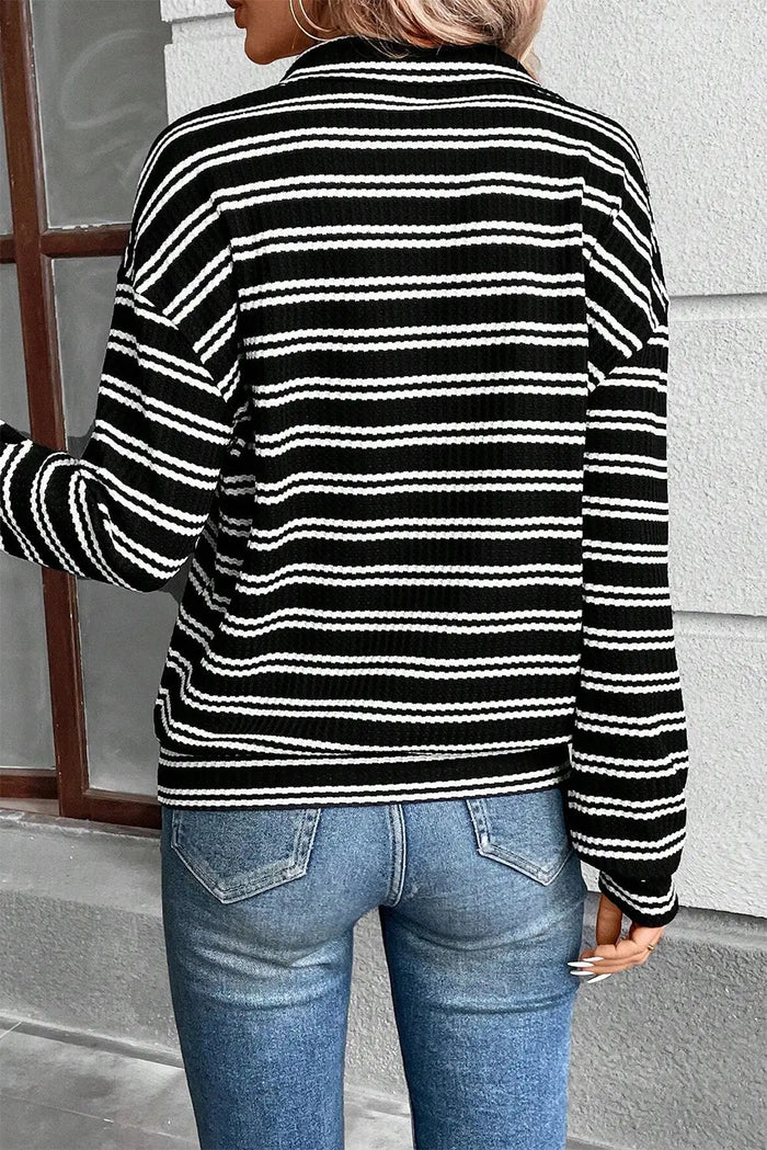 Black Stripe Textured Quarter Zip Collar Long Sleeve Top - Tops/Long Tops