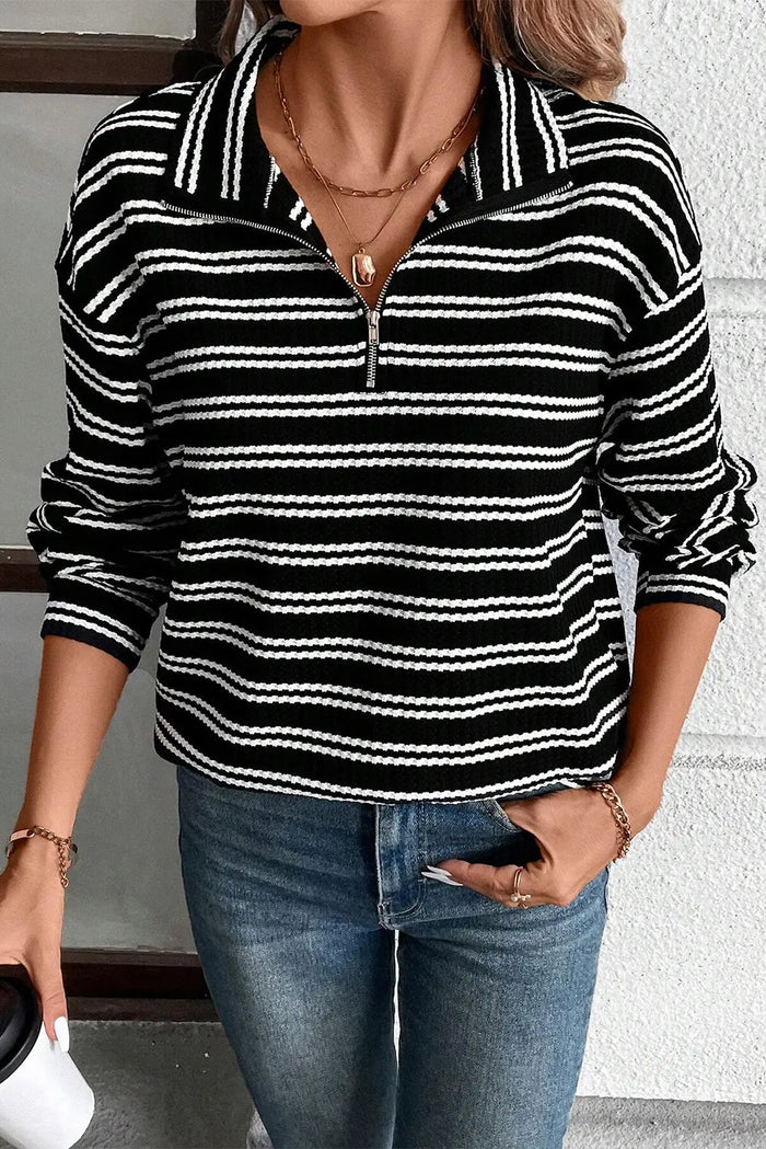 Black Stripe Textured Quarter Zip Collar Long Sleeve Top - Tops/Long Tops