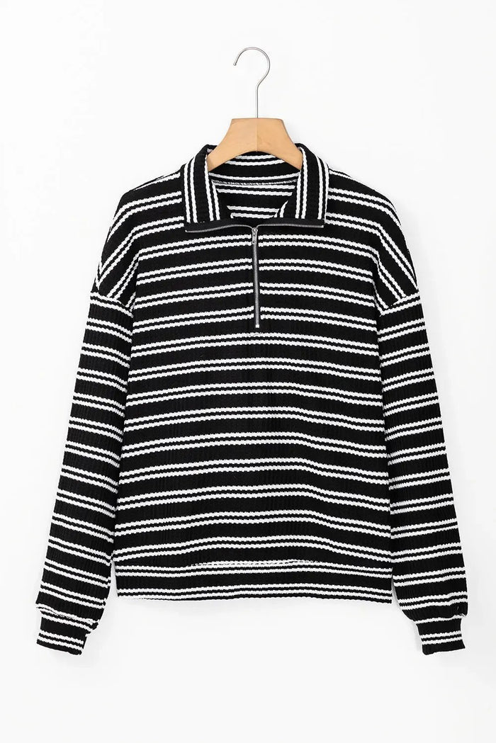 Black Stripe Textured Quarter Zip Collar Long Sleeve Top - Tops/Long Tops